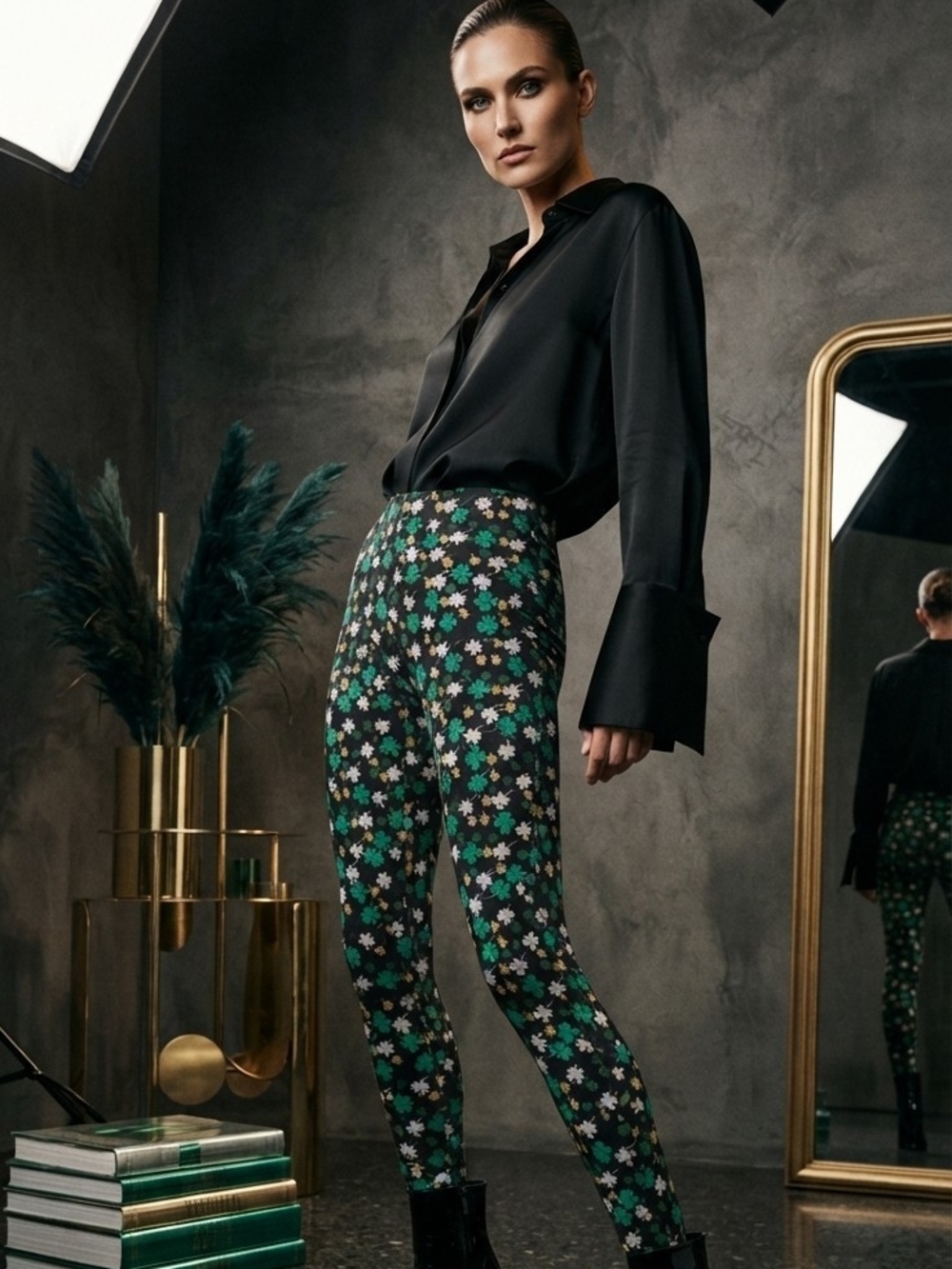 No Boundaries Black Leggings with Green and White Floral Pattern
